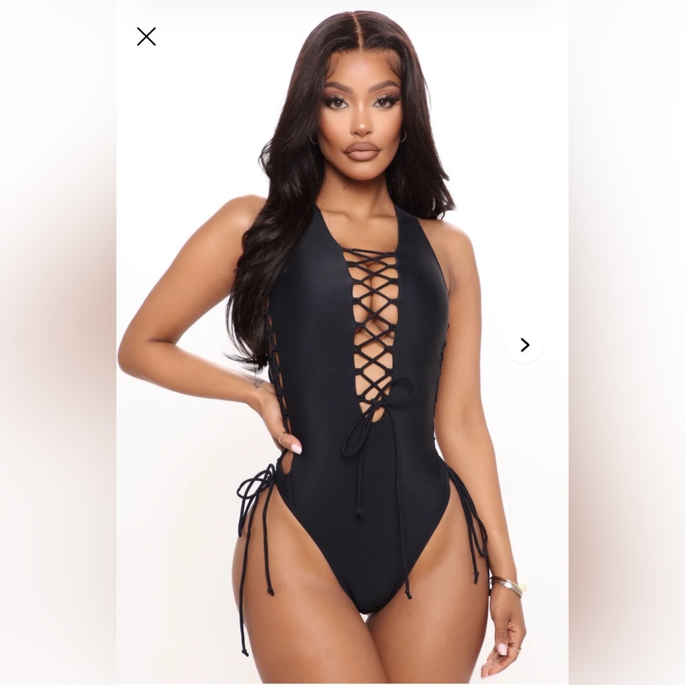 Fashion Nova Black Lace-Up One Piece